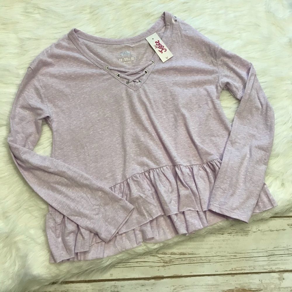 D Justice‎ Lace Up Ruffle Hem Long Sleeve T-Shirt Top size 12 nwt